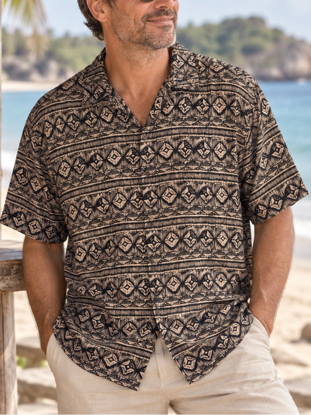 Puritan Men’s Large 100% Rayon Geometric Short Sleeve Button Up Shirt Vintage